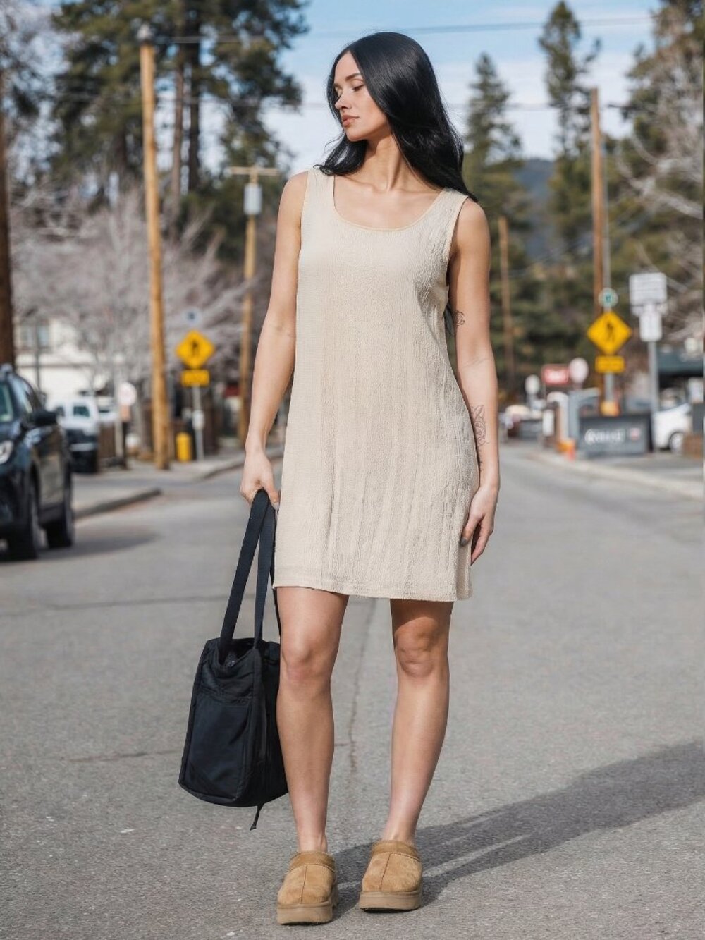 CITY Triangles Textured Beige Mini Shift Dress USA Sz Med Y2K 90s